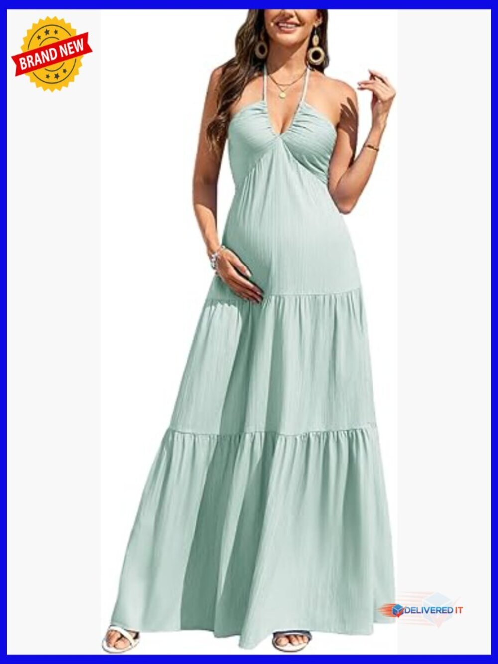 Maternity Maxi Dress Halter V-Neck Backless A-Line Gown Baby Shower Beach
